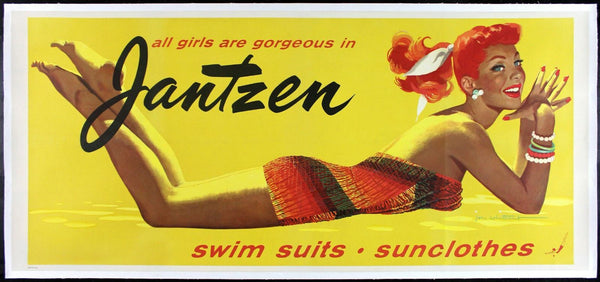 Original JANTZEN ✯ ADVERTISING SWIMSUIT SWIMWEAR REDHEAD PIN UP GIRL MANCAVE POSTER 1950s movie poster